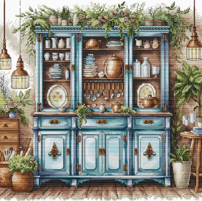 Borduurpakket AVA Stitch - Blue Cupboard - Blauwe Buffetkast - telpatroon