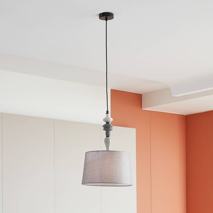 Lindby - Hanglamp - 1licht - Textiel, metaal - H: 21.5 cm - E27 - grijs, zwart