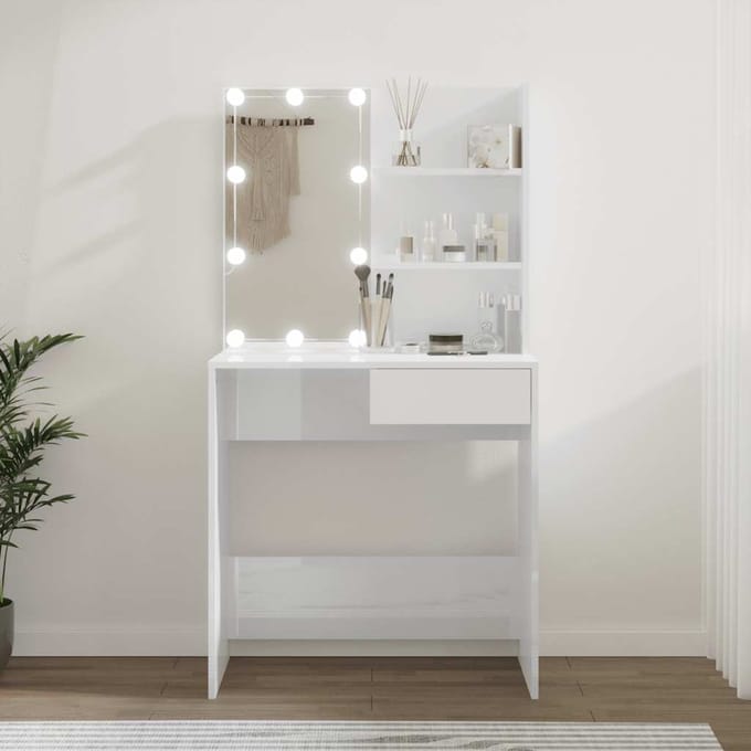vidaXL - Kaptafel - met - LED-verlichting - 74,5x40x141 - cm - hoogglans - wit