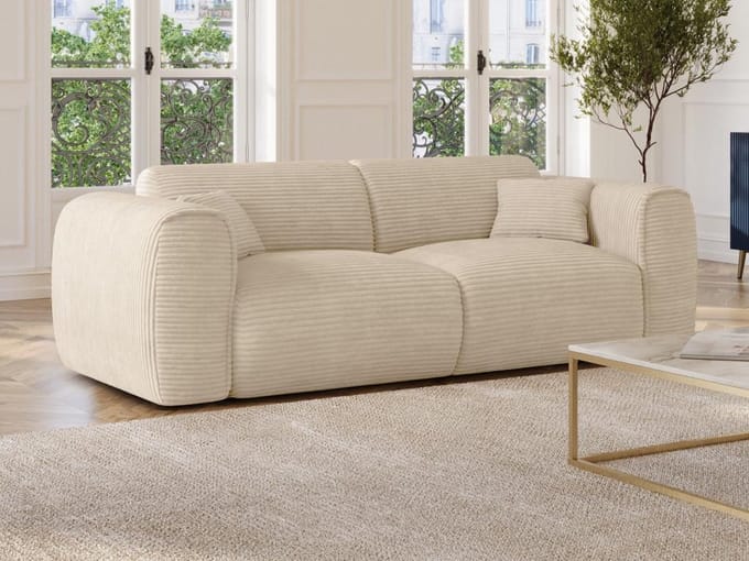Vente-unique Driezitsslaapbank express in beige ribfluweel - Slaapoppervlak 140 cm - POGNIA