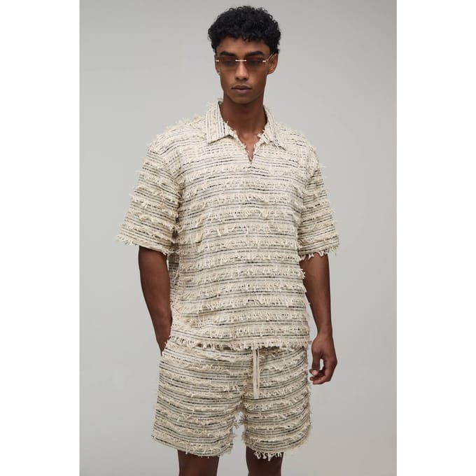 Gestructureerd Katoenen Oversized Shirt Met Diepe V-hals & Relaxed Short Set | Natural | Size Medium