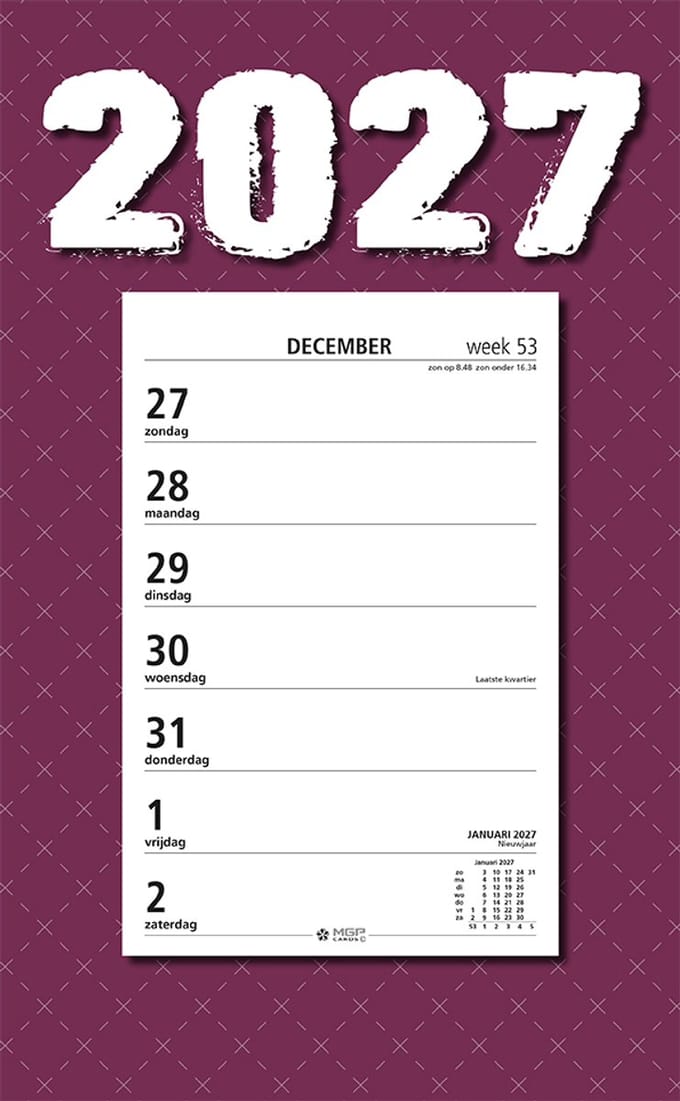 MGPcards - Week Scheurkalender 2027 - Week begint op zondag - 21 x 34 cm - Purper