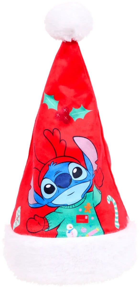 Kerstmuts Disney - Lilo & Stitch - rood met witte pompom - fluweel zachte stof - Stitch als rendier