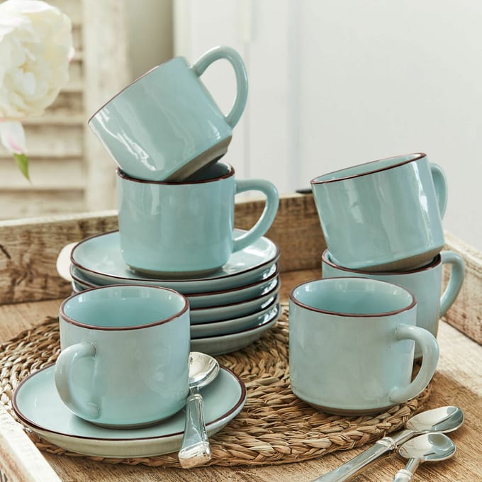 LOBERON Kopje en schoteltje set van 6 Biarré turquoise