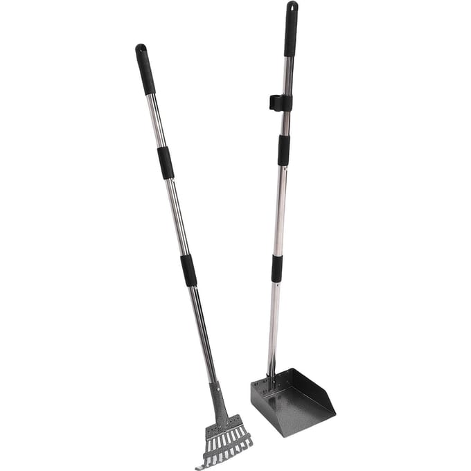 Kippenpoep Hark Schep Kit 2 in 1 Ergonomisch Ontwerp Verstelbare Steel Multifunctionele Kattenbak Zeef Schep Hark Kit gray