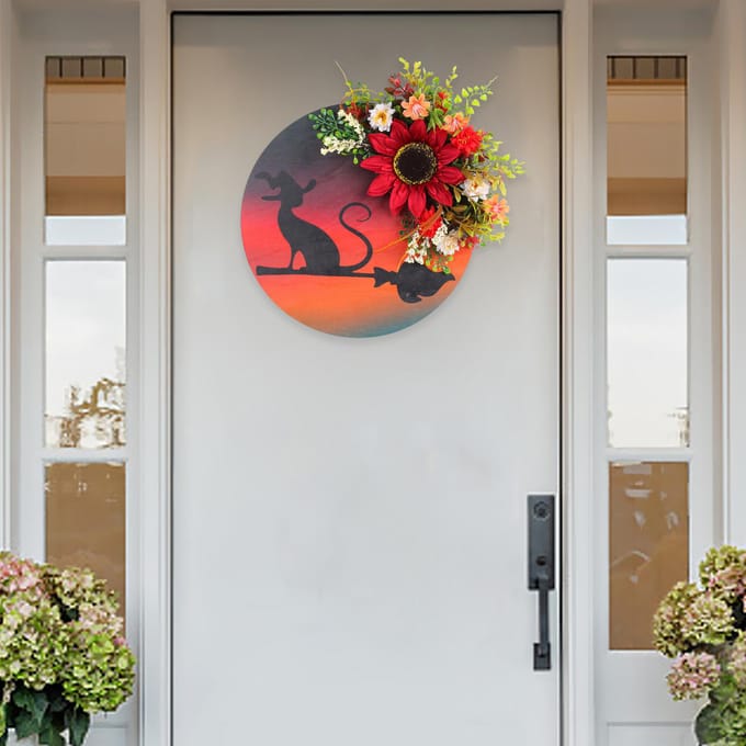 Halloween Maan Kat Krans Deurhanger Decoratie Kunstbloem Halloween Krans black