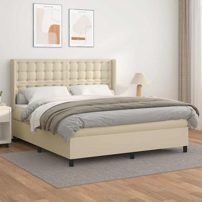 vidaXL - Boxspring - met - matras - kunstleer - crèmekleurig - 160x200 - cm