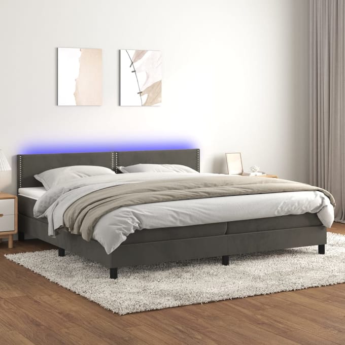 vidaXL - Boxspring - met - matras - en - LED - fluweel - donkergrijs - 200x200 - cm