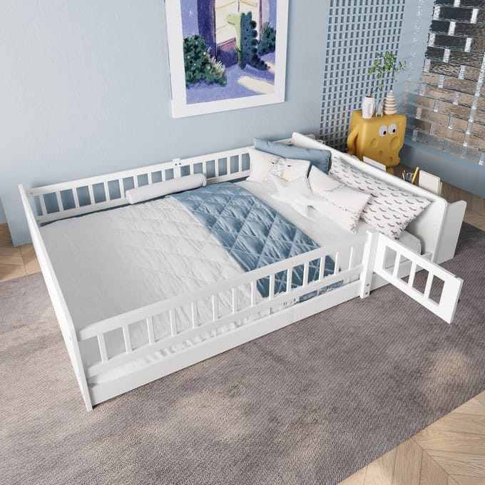 Kinderbed - 140 x 190 cm - Open opberging - Planken - Te openen behuizing - Zonder matras - Wit