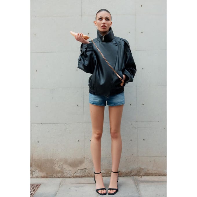 Stradivarius Oversized bikerjack met leereffect  Zwart S