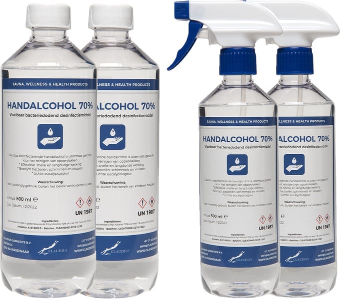 Handalcohol spray 70% - 2 x 500 ml met spraykop + 2 x 500 ml met dop