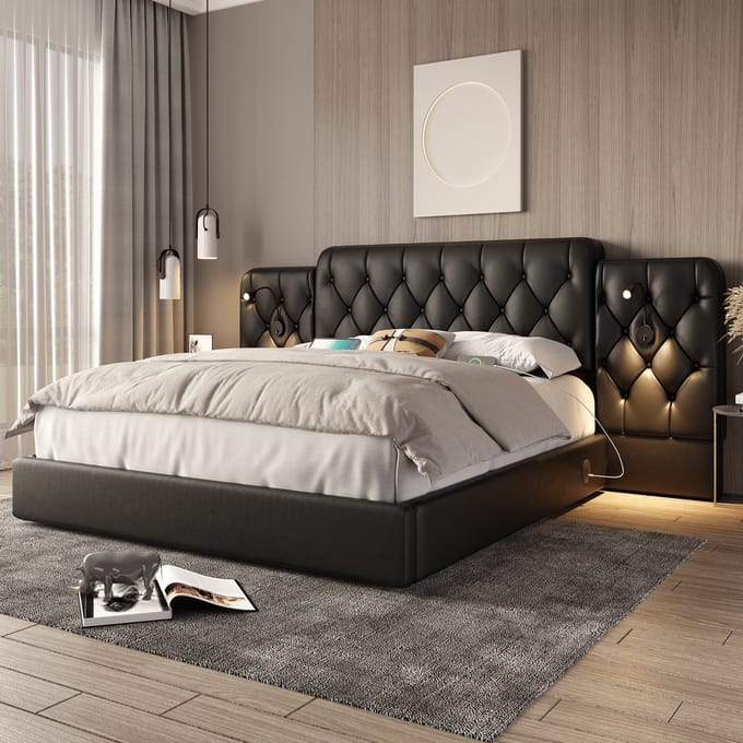 Gestoffeerd bed - 160x200 cm - Hydraulisch Bed met USB & Lamp - Extra Groot Opbergvak - Fluweel - Zwart