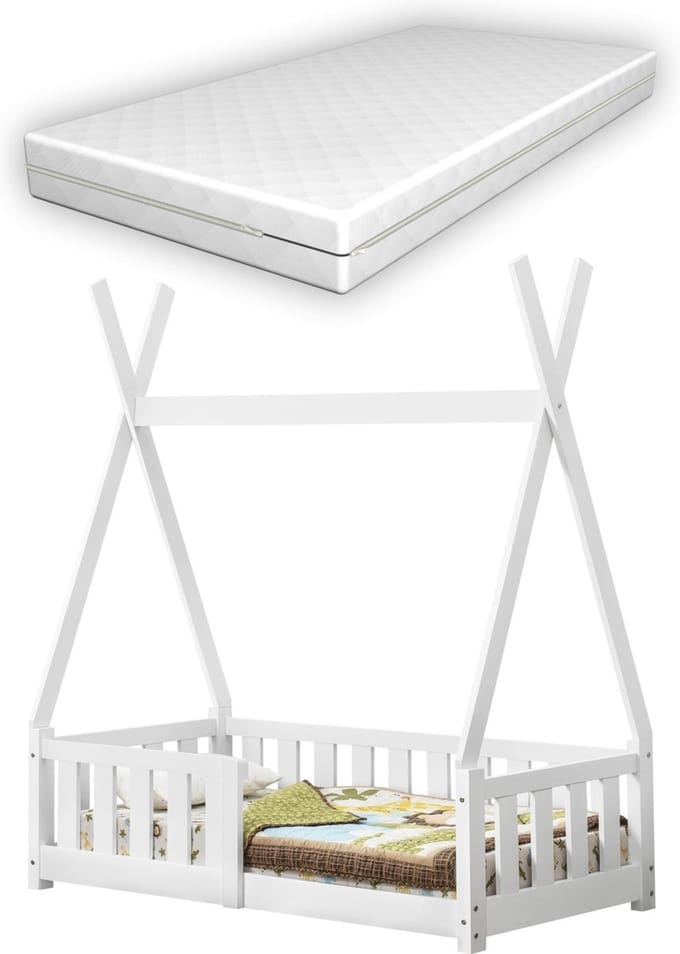 Kinderbed Tipi met uitvalbeveiliging en matras 70x140 cm wit