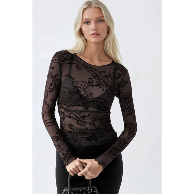 Fitted Lange Mouwen Flock Print Tulle Blouse