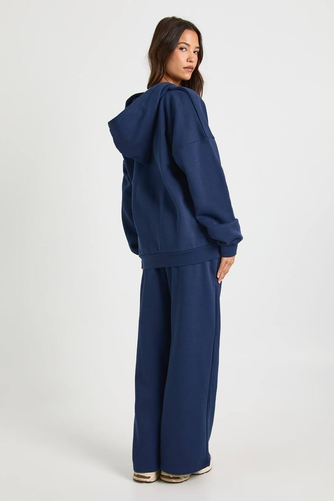 boohoo Dames V-hals oversized capuchon trainingspak met rechte pijpen | Navy | Maat: Small