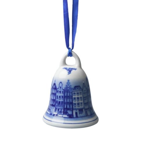 Heinen delfts blauw kerstbel - grachtenpanden klein, 7,5 cm