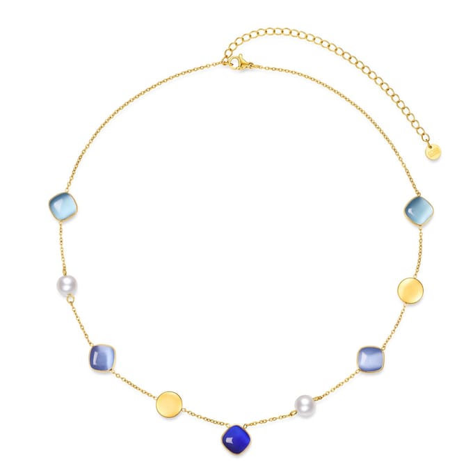 CO88 Collection - 8CN-26512 - Dames Ketting Blauw Cat Eye Schelp - Stainless Steel - Trendy