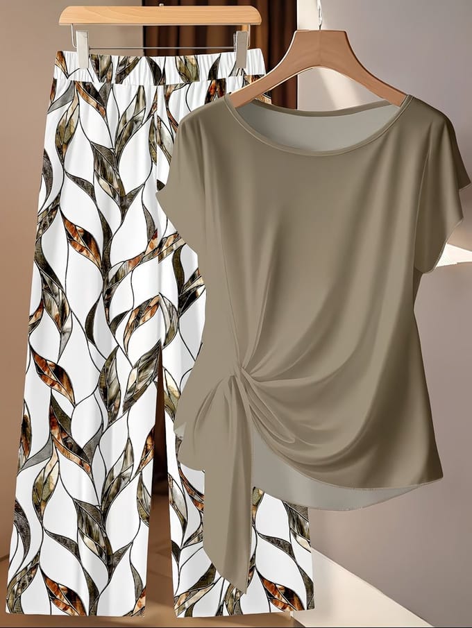 Khaki 2 Delige Dames Set - Kledingset - Strikblouse met Wijde Broek - XL
