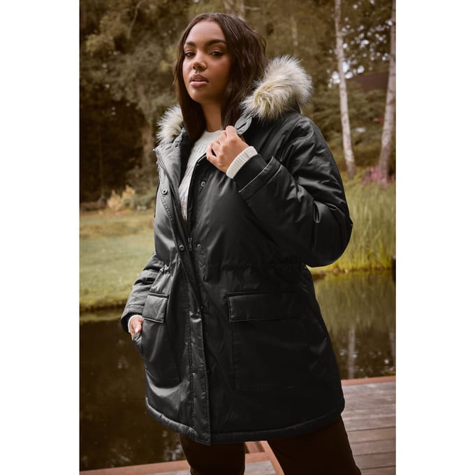 Yours Zwarte Gewaxte Parka Met Imitatiebontafwerking Size 44