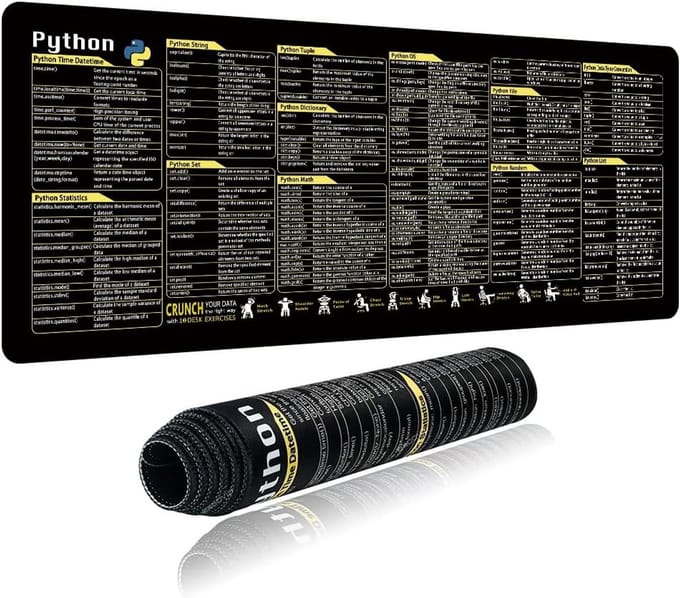 Grote Desk Pad / Onderlegger (80x30cm) met Python Programmeer Shortcuts - Zwart Bureaumat