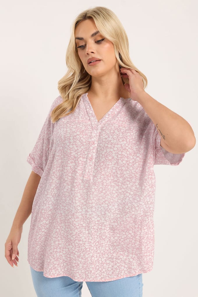 Yours Roze Gerimpelde Bloemen Top Met Inkeping In De Hals Size 42