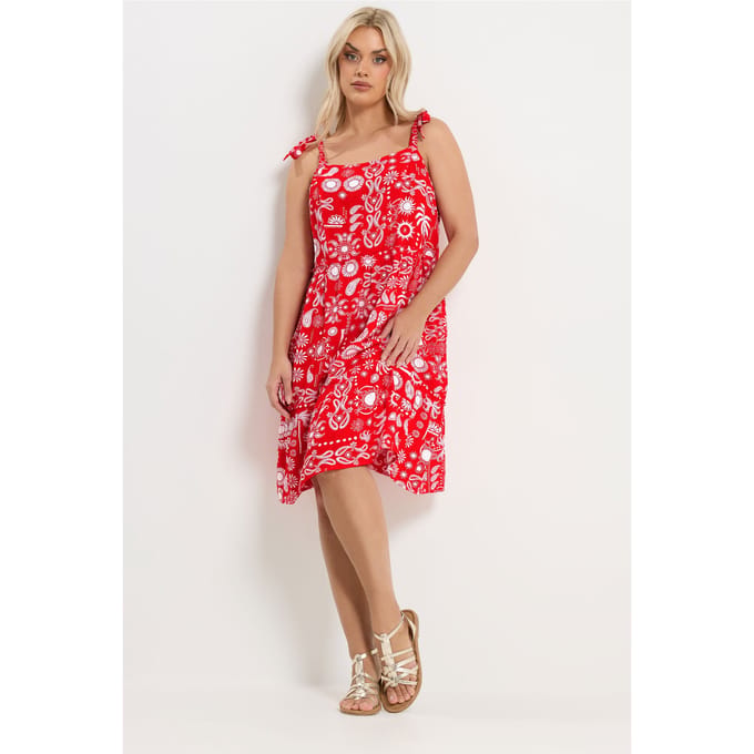 Yours Rode Gesmokte Linnen Jurk Met Gemixte Print Size 46