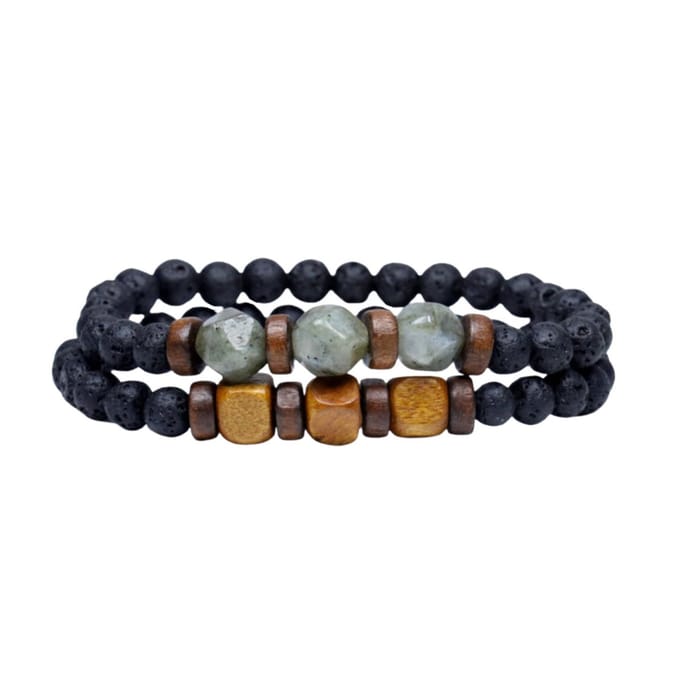 Marama - armbandenset Long Beach Lavastone - herenarmband - elastisch - edelsteen Maansteen