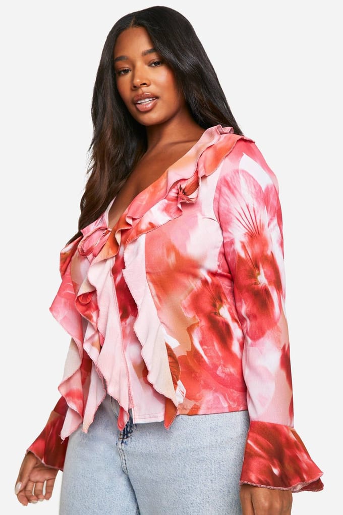boohoo Dames Plus Floral Ruffle Front Blouse | Roze | Maat: 44