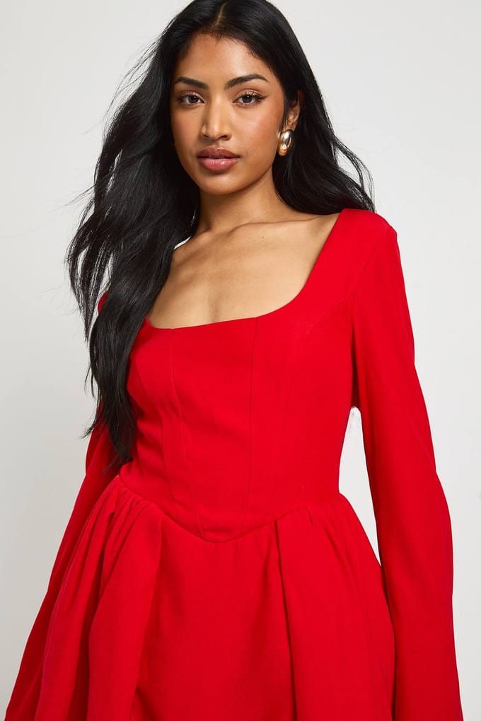 boohoo Dames Gestructureerde Corset Skaterjurk | Red | Maat: 10
