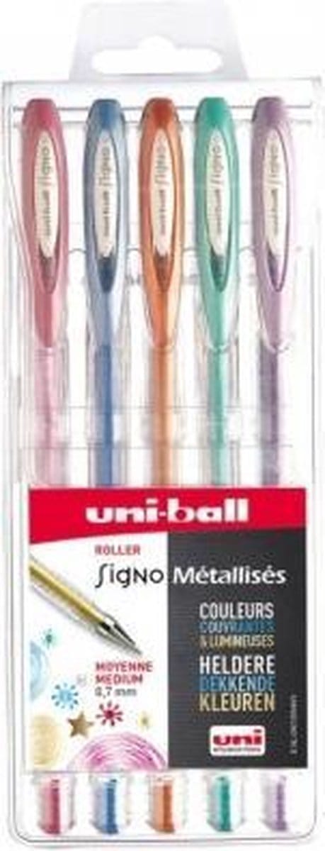 Uni-ball gelpen metallic set 5 stuks 0,8 mm voor creatief schrijven.