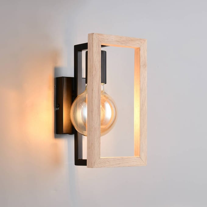 Reality Leuchten Wandlamp Bano, hout/zwart, hoogte 25 cm, metaal, E27