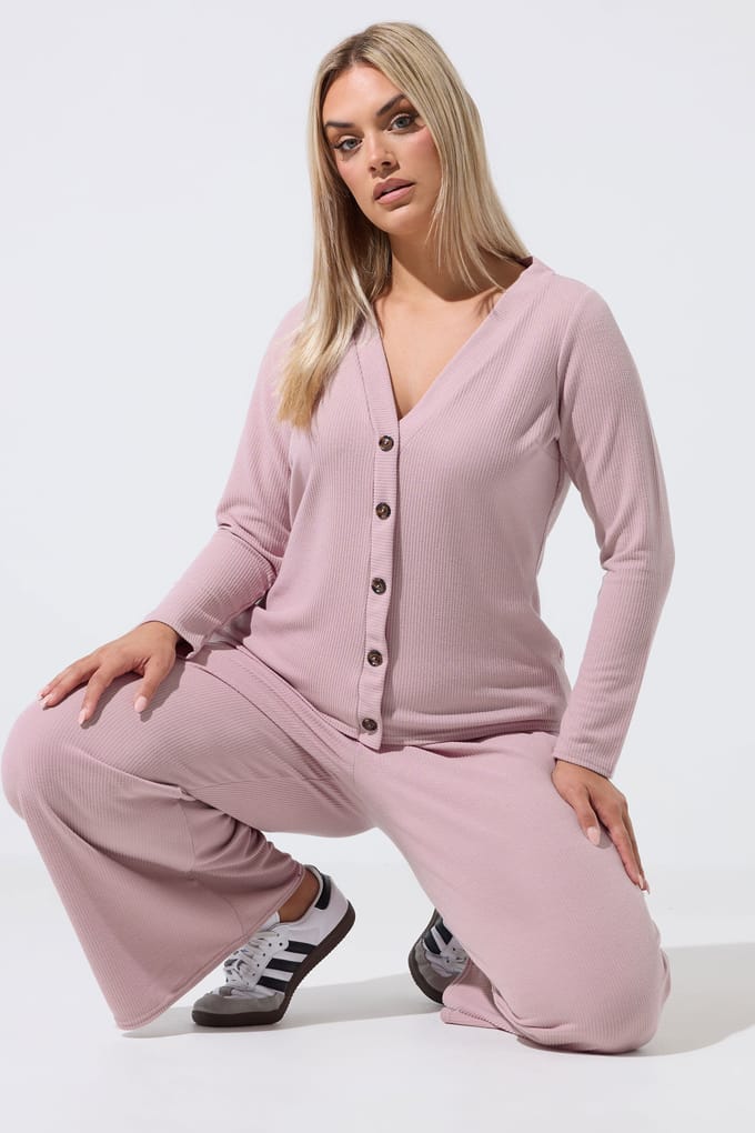 Limited Collection Grote Maten Roze Geribbelde Cardigan Met Knoopsluiting Size 48