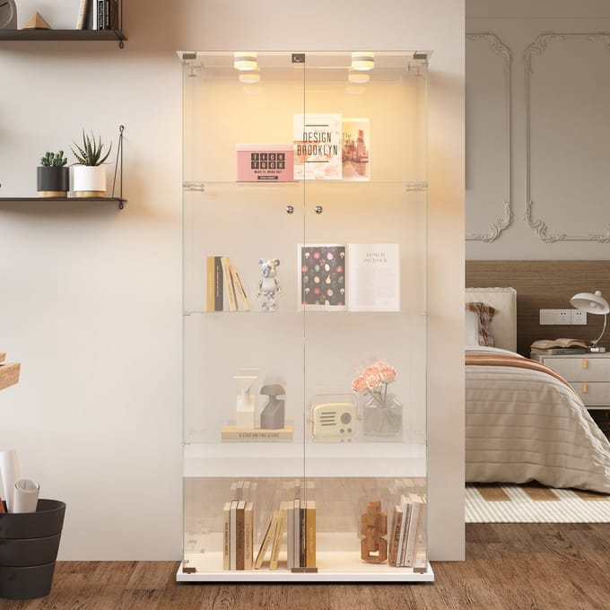 Glazen Vitrinekast 2 Deuren – 4 Planken – Spot Verlichting – Afsluitbaar – Wit