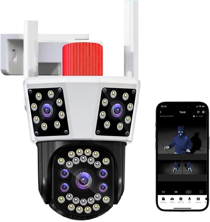 Beveiligingscamera HD - Buitencamera PTZ - Woning Beveiliging - Drie Lenzen Drie Schermen - 8x Zoom - Wit