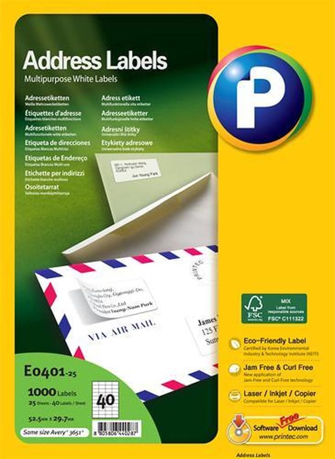 Printec Adresetiketten - 25 Vel - 52.5x29.7mm - 40 Labels per A4 - 1000 Stickers