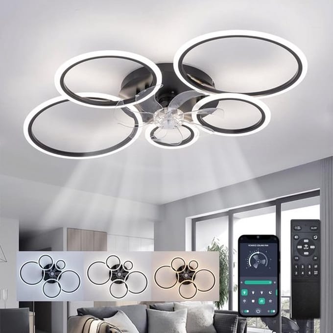 5 Ringen Plafondventilator - Zwart - 6 Snelheden - Dimbaar Met Afstandsbediening en APP - Moderne Cirkel Ventilator Licht
