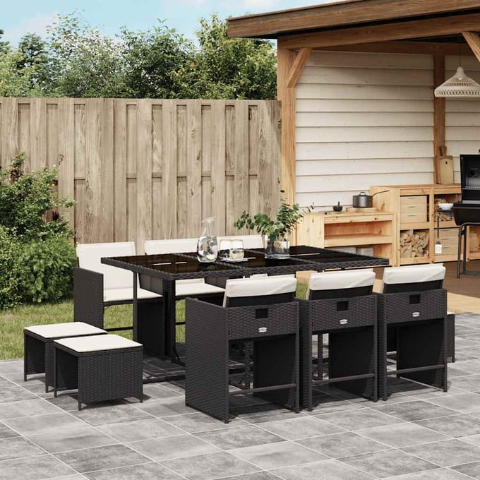 vidaXL - 11-delige - Tuinset - met - kussens - poly - rattan - zwart