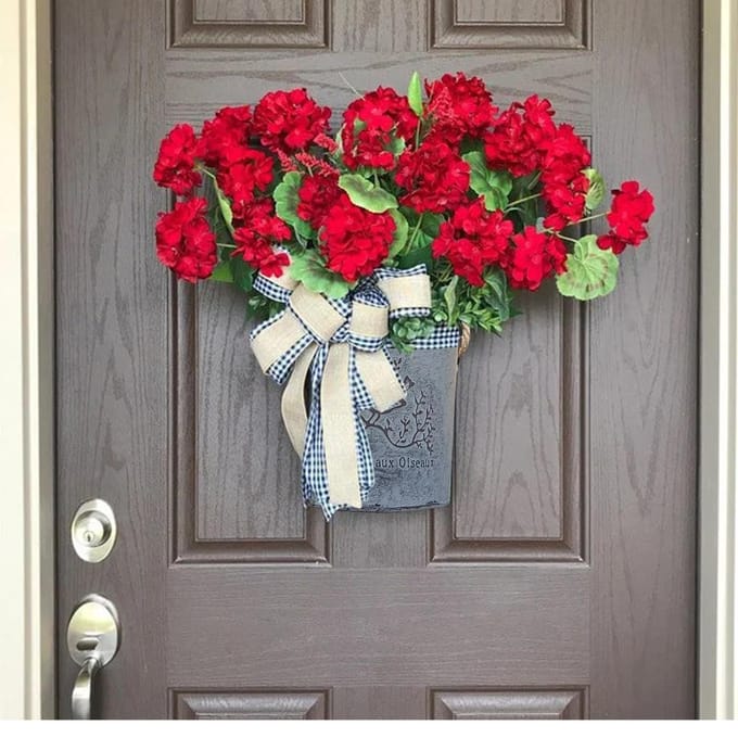 Rode Geranium Vat Krans Voordeur Rode Geranium Mand Krans Zwart-wit Ruit Strik red