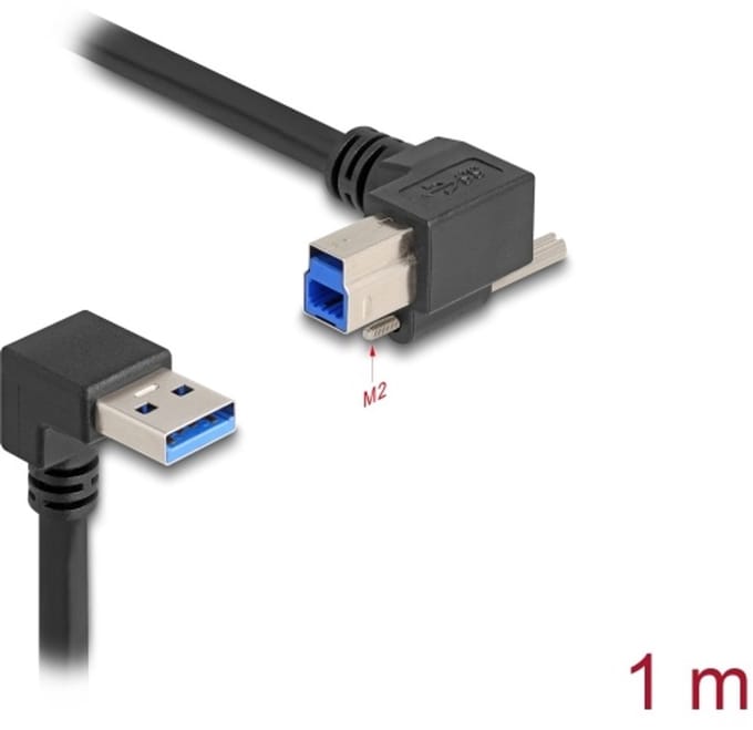 Delock USB 5 Gbps Cable USB Type-A male 90° downwards angled to USB Type-B male with screw 90° right angled 1 m black