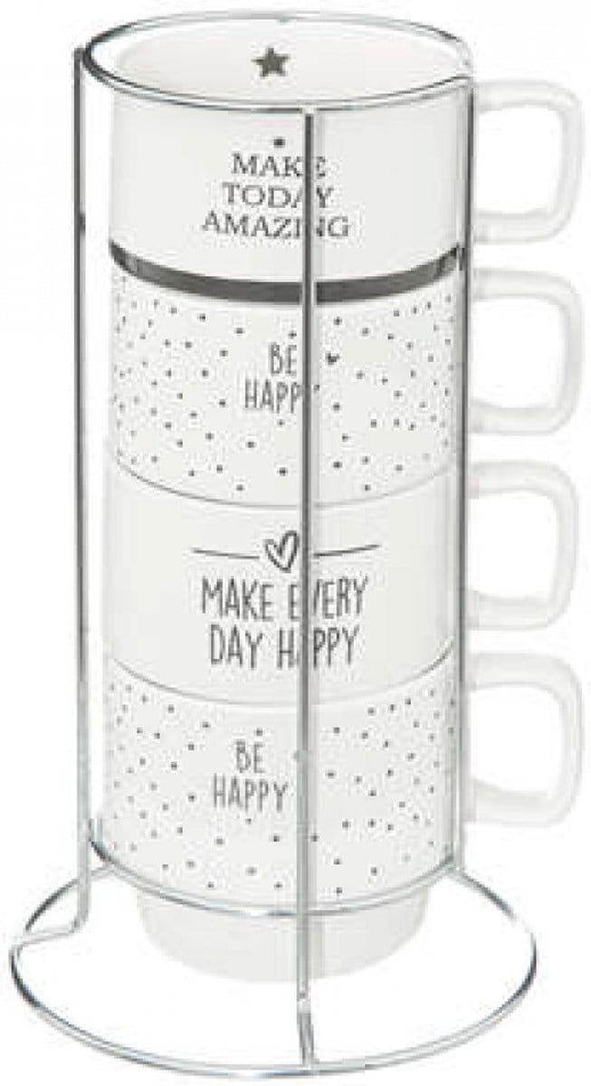 Mokken rek van 4 mokken- tekst happy- wit/zwart-