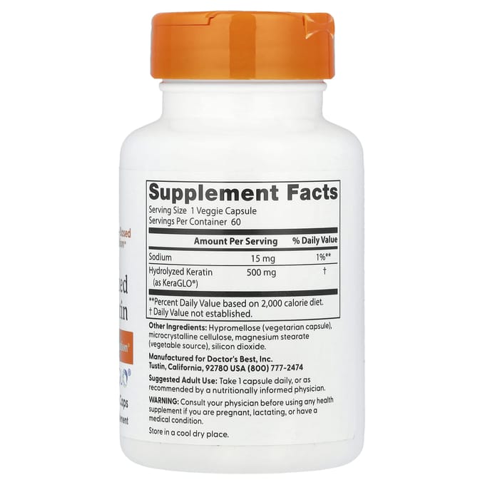 Doctor's Best, Kératine Hydrolysée, 500mg, 60 Capsules Végétales