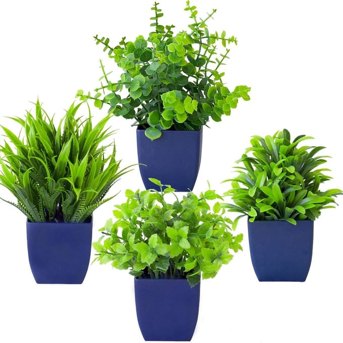 4-pack nepplanten in blauwe pot - Mini kunstplanten voor bureau en interieur