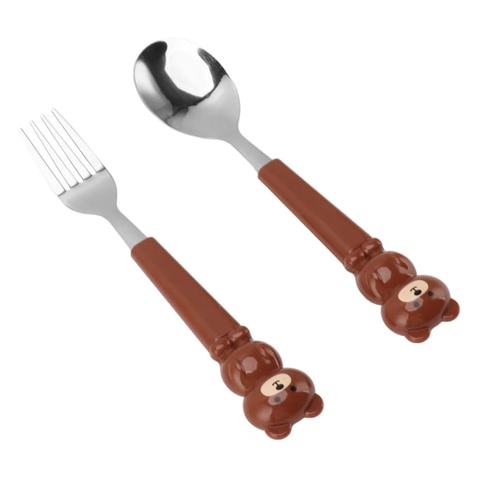 2 Stuks Roestvrij Staal Vork en Lepel Leuke Cartoon Look Bestekset Kinderen Gebogen Servies Set Brown Bear Pattern brown