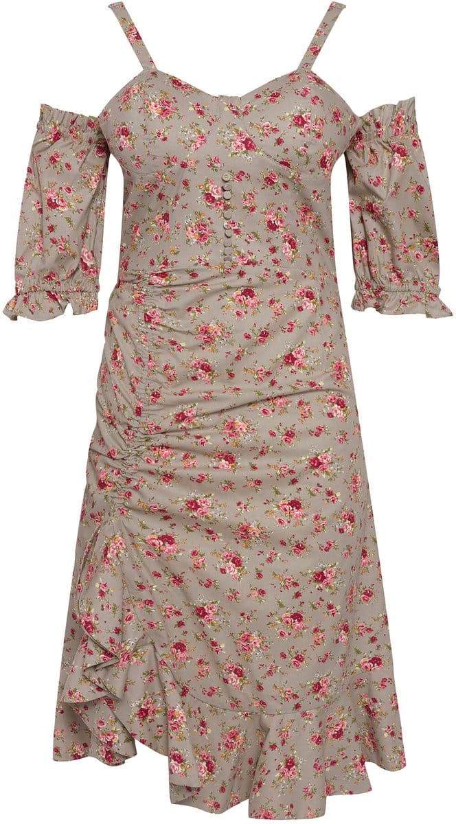 Ulla Popken - Dames - mini jurk rozen korte mouwen schoudervrij volantzoom - Beige - Maat 48