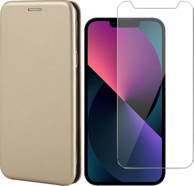 Hoesje geschikt voor iPhone 13 en Screenprotector - Portemonnee Book Case - Goud