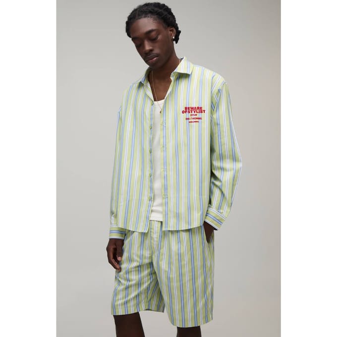 Gestreept Poplin Gebogen Zoom Geborduurd Oversized Lange Mouw Shirt & Baggy Short Set | Green | Size Medium