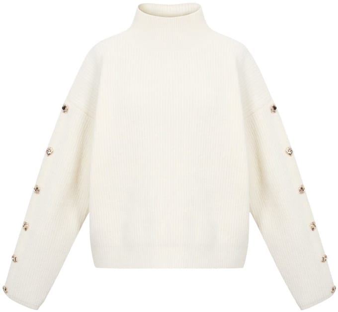 Comfortabele Gebreide Polyester Dames Trui met Schildkraag en Goudkleurige Knopen - Grijs - Maat S/M