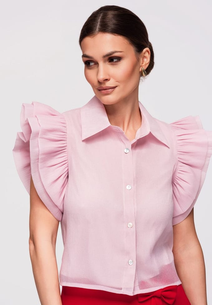 OMBRE Overhemd - Slim Fit - Korte Mouw - Knopen Roos M