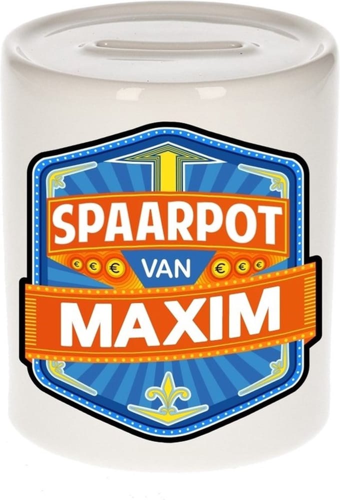 Bellatio Decorations Kinder spaarpot met naam - Maxim - keramiek - met dop - wit - Sparen - Spaargeld van Maxim