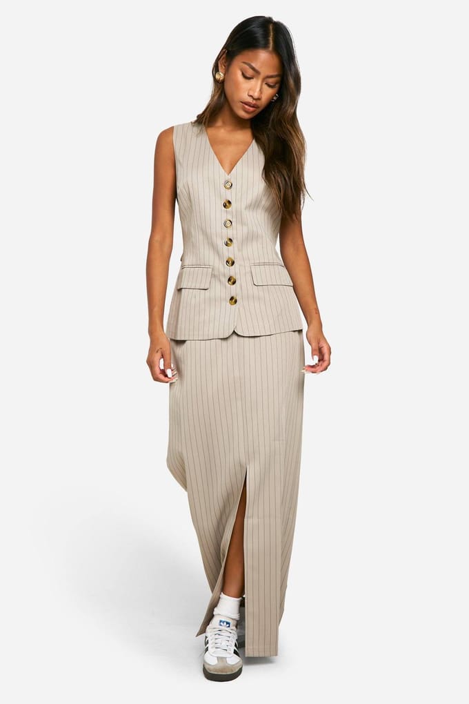 boohoo Dames Tonal Pinstripe Longline Gilet | Steen | Maat: 34